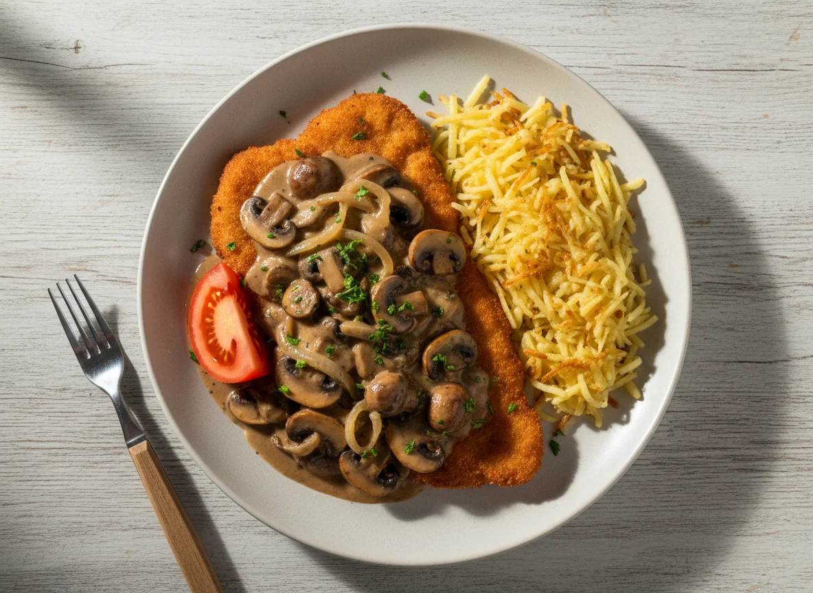 Jägerschnitzel mit Rösti und Pilzen photo