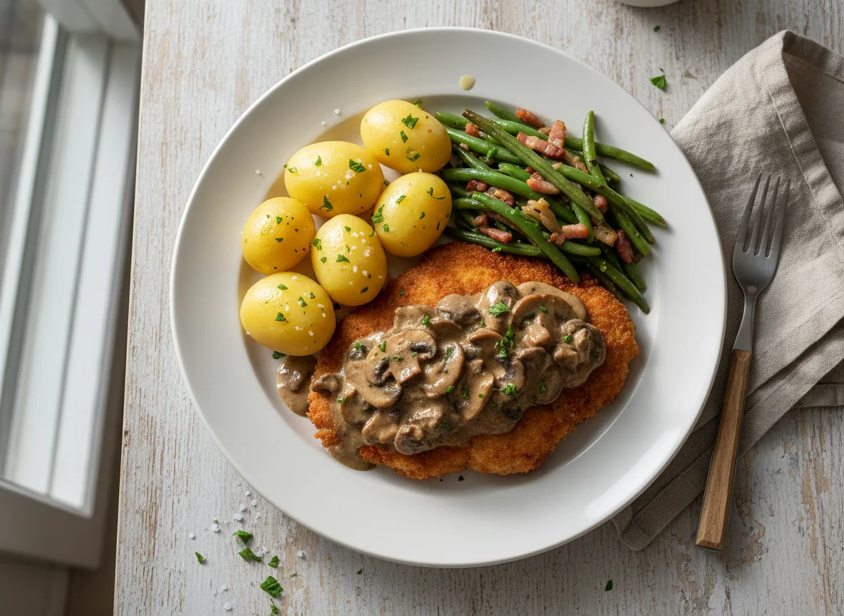 Jägerschnitzel mit Salzkartoffeln und grünen Bohnen photo