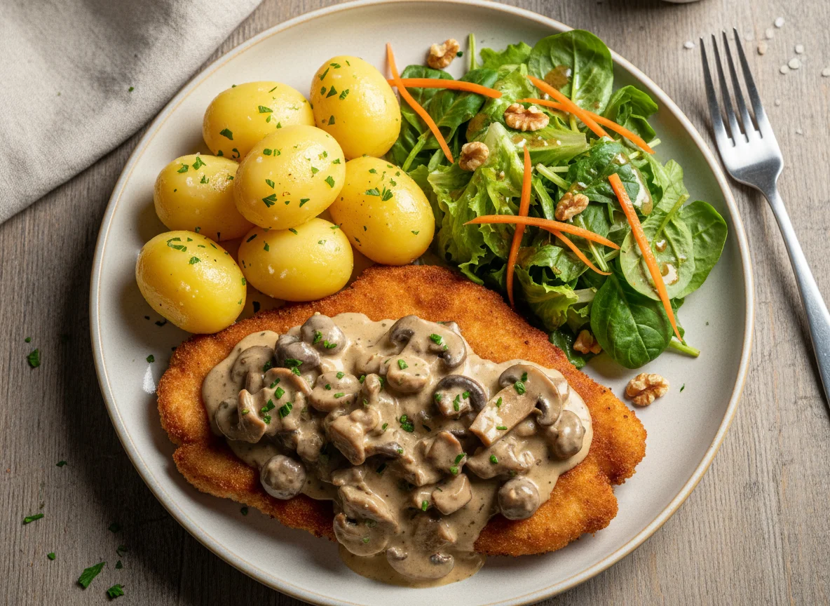 Jägerschnitzel mit Salzkartoffeln und Salat photo