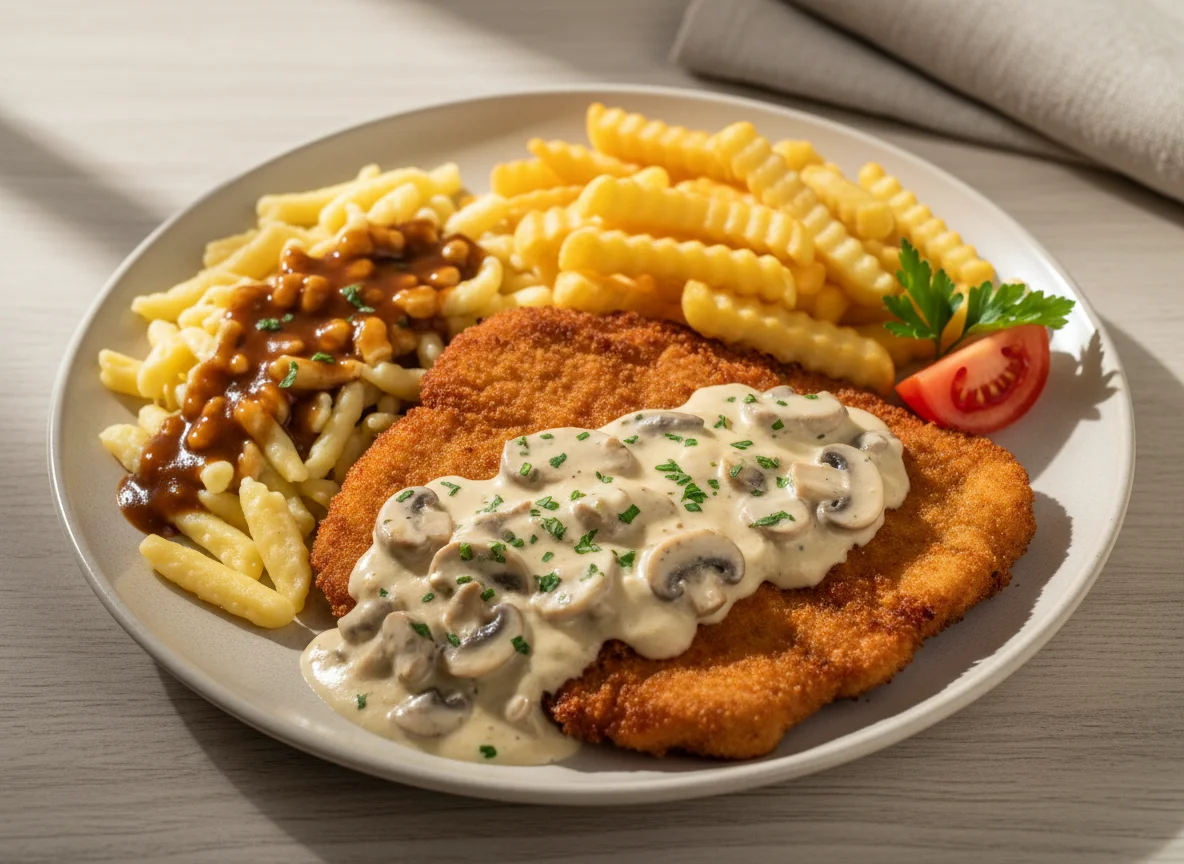 Jägerschnitzel mit Spätzle und Pommes Frites photo