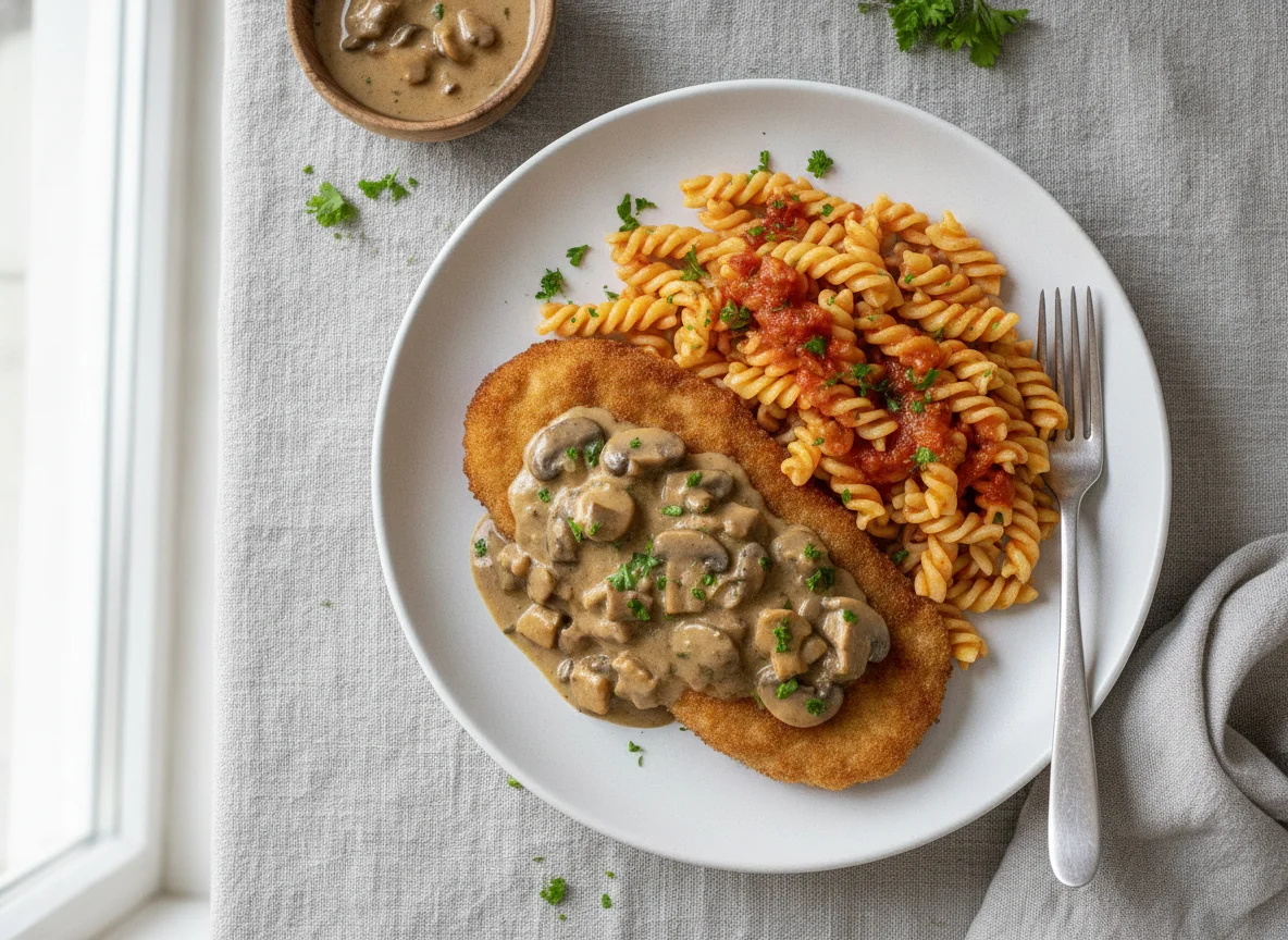 Jägerschnitzel mit Spirelli und Tomatensauce photo