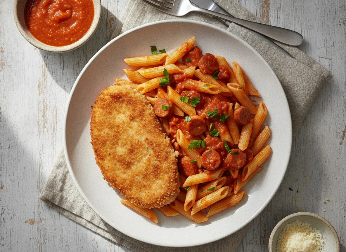 Jägerschnitzel (Ost-Variante) mit Penne und Tomatensauce photo