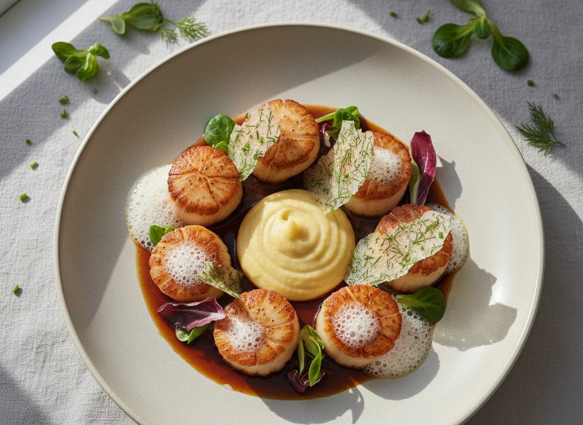 Jakobsmuscheln mit Püree und Schaum photo