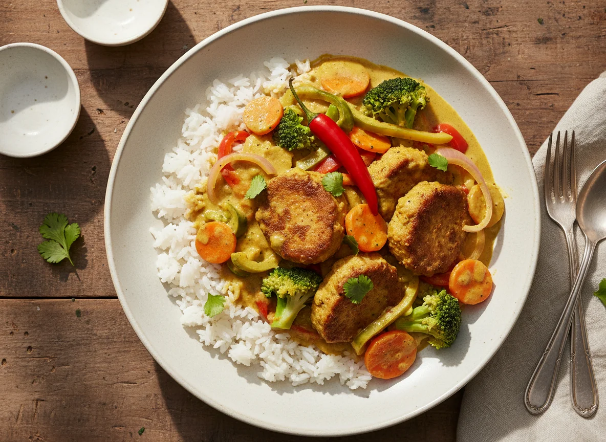 Jamaikanisches Curry mit veganen Filetstücken photo