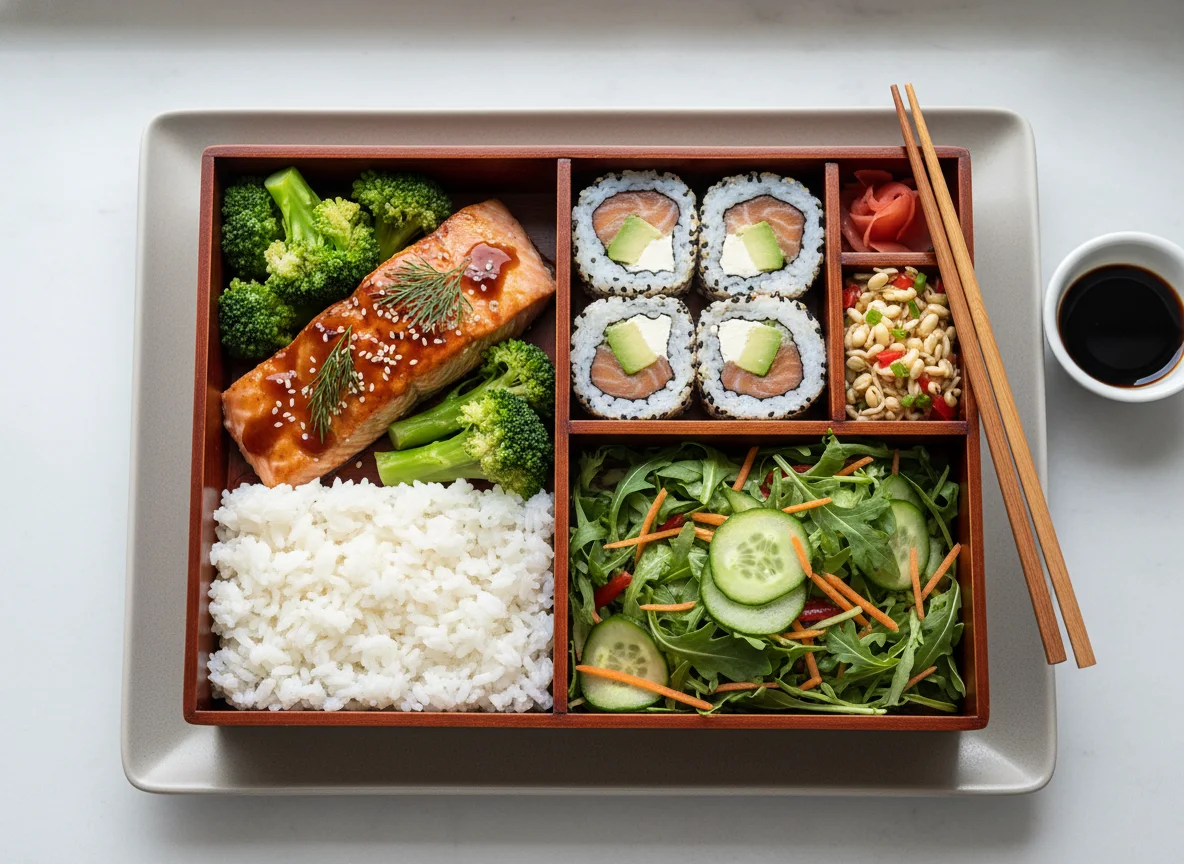 Japanische Bento-Box mit Lachs und Sushi photo
