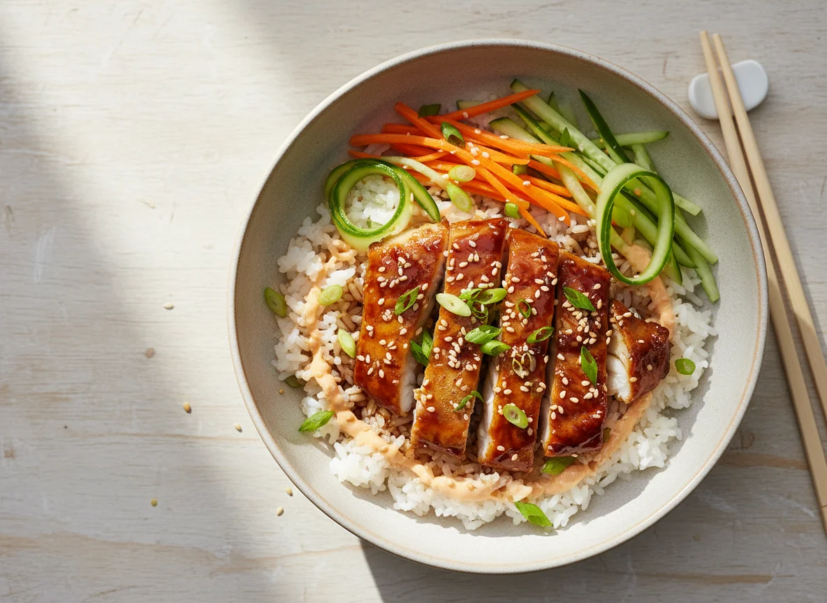 Japanische Bowl mit glasiertem Seelachs photo
