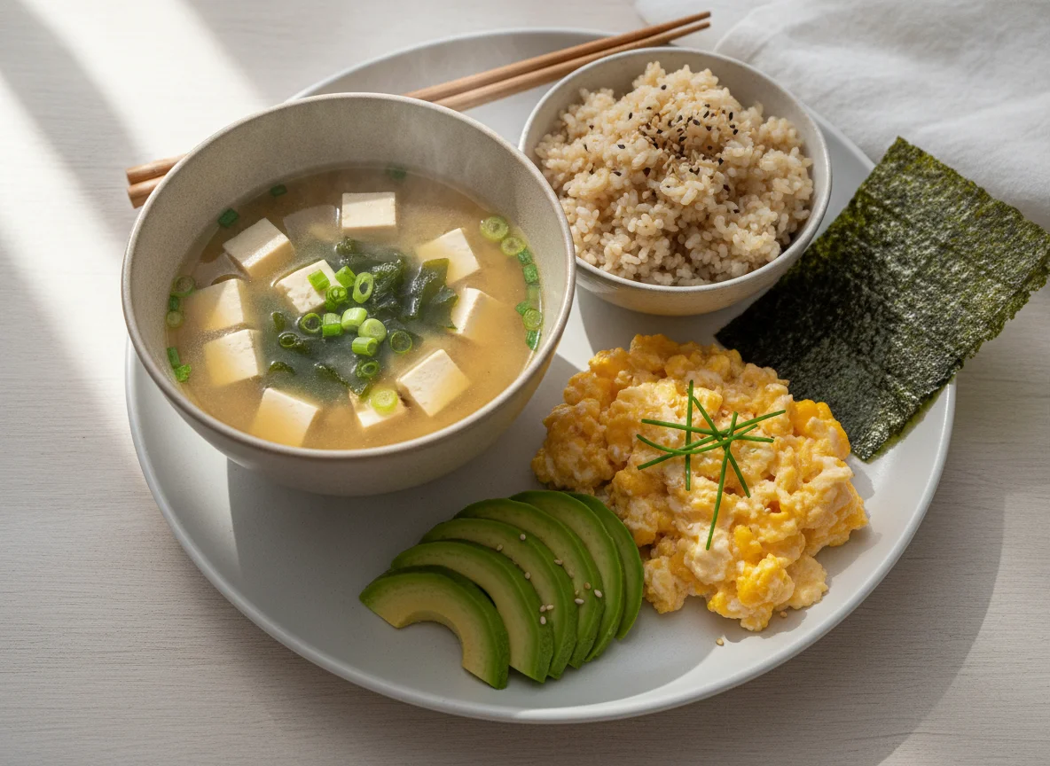 Japanisches Frühstück mit Miso-Suppe, Reis und Rührei photo