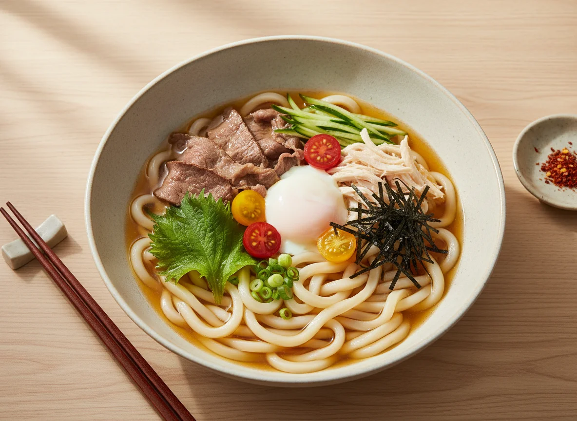 Japanisches Nudelgericht mit Beilagen photo