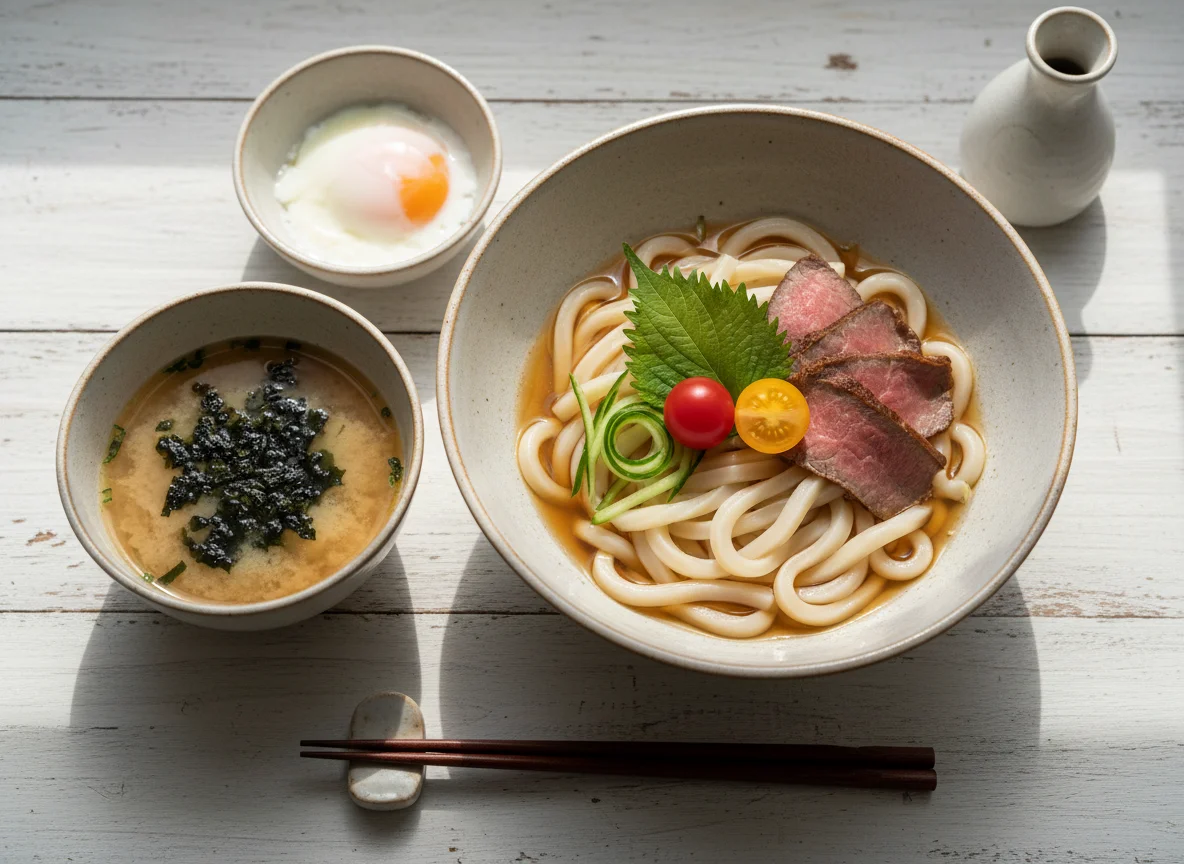 Japanisches Udon-Set mit Beilagen photo