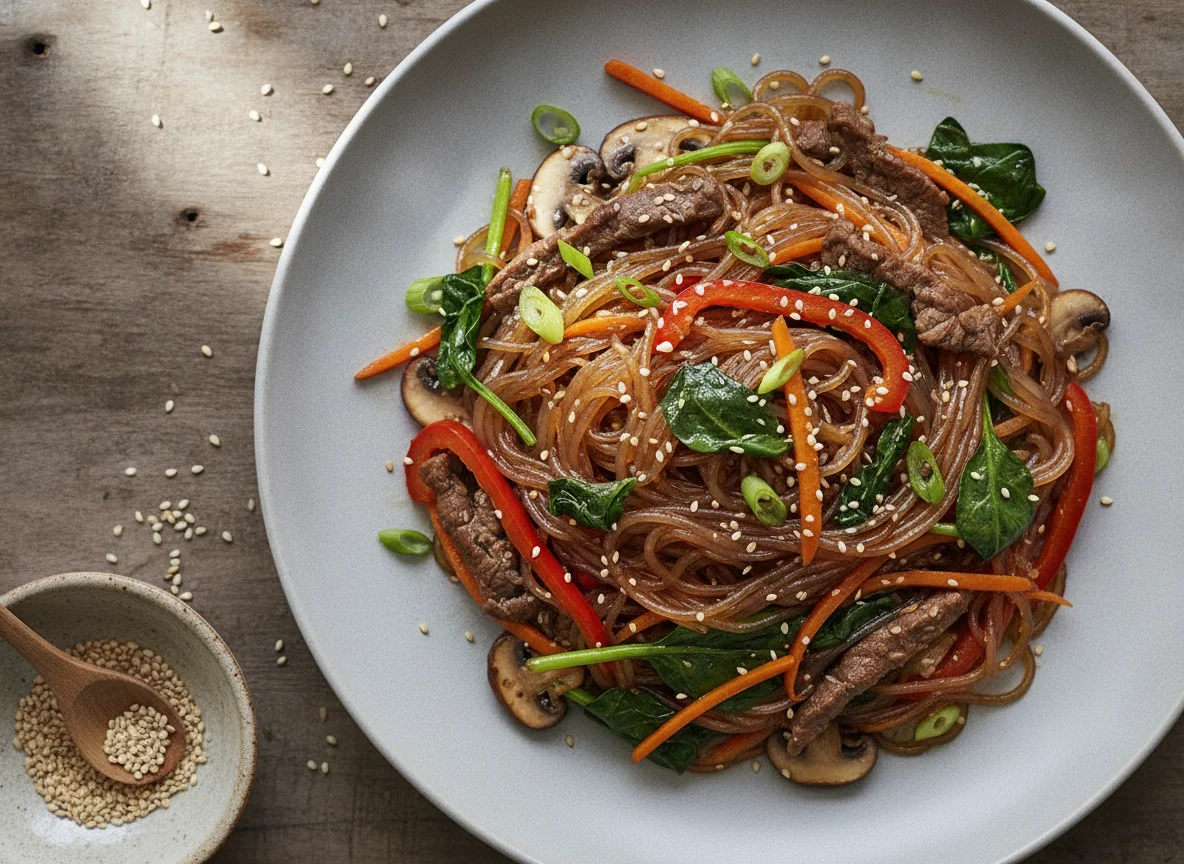 Japchae (Koreanische Glasnudeln mit Rindfleisch und Gemüse) photo