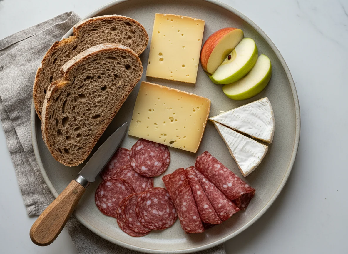 Jause mit Bauernbrot, Käse, Wurst und Apfel photo