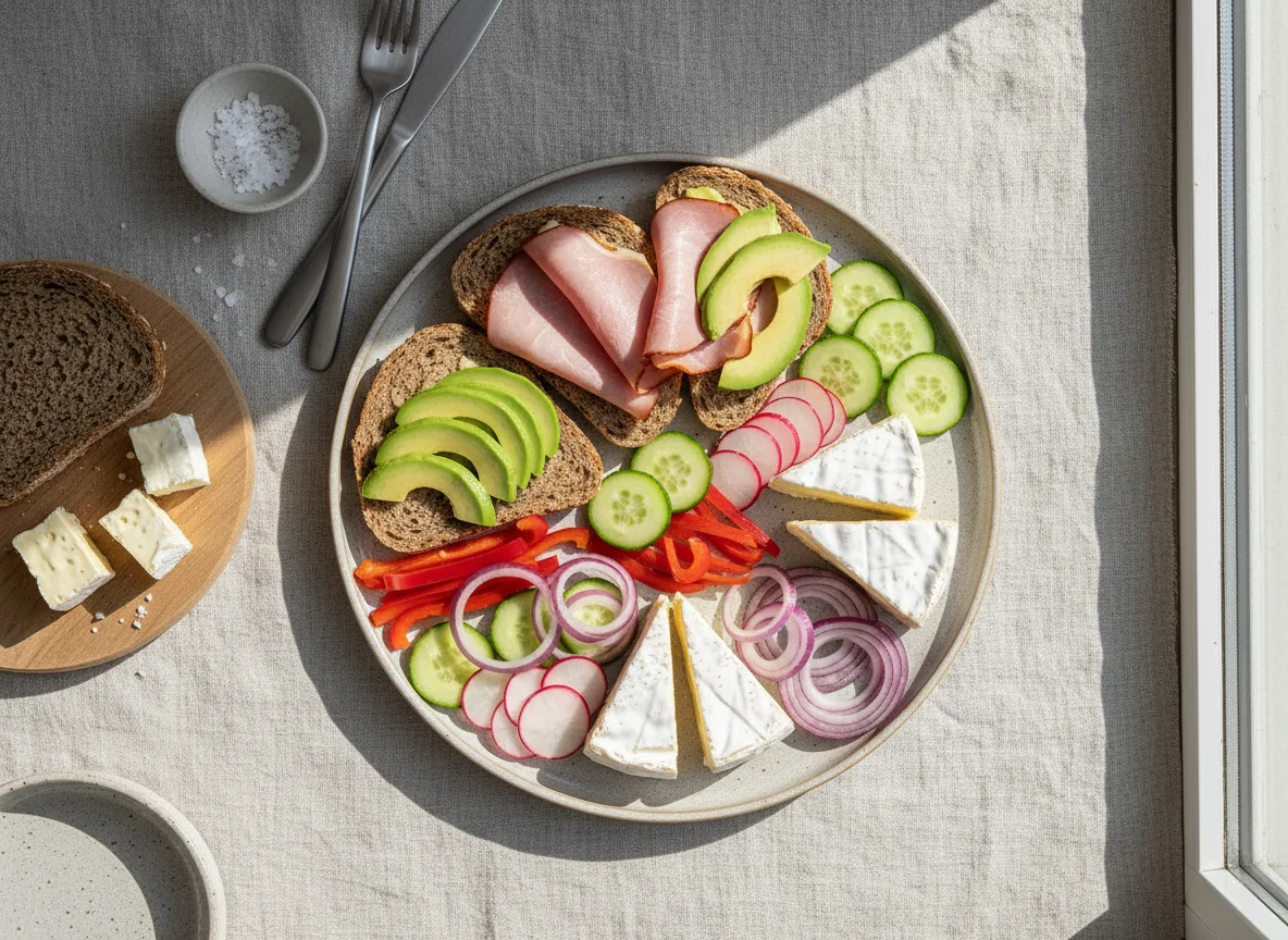 Jause mit Brot, Schinken, Käse und Gemüse photo