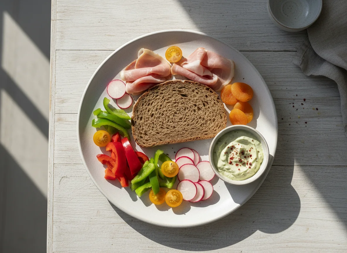 Jause mit Brot, Schinken und Gemüse photo