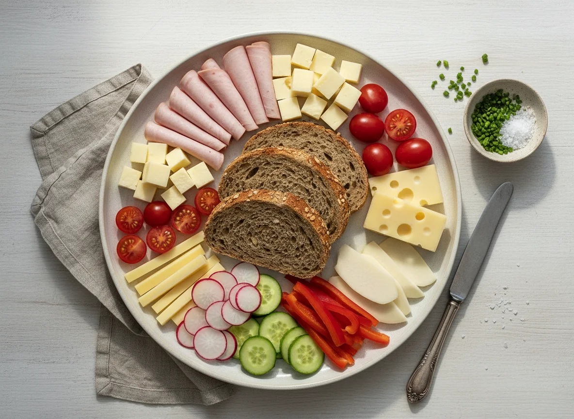 Jause mit Brot, Wurst, Käse und Gemüse photo