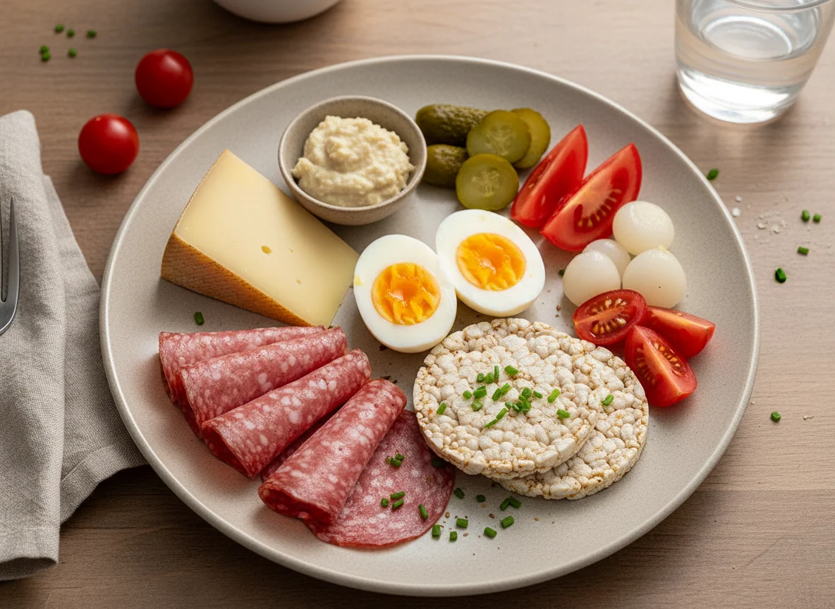 Jause mit Käse, Eiern und Wurst photo