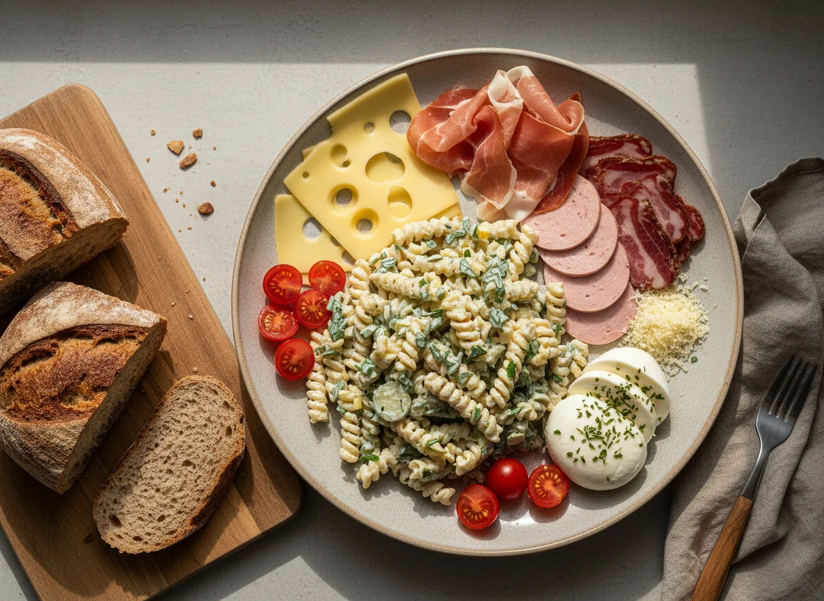 Jause mit Nudelsalat und Aufschnitt photo