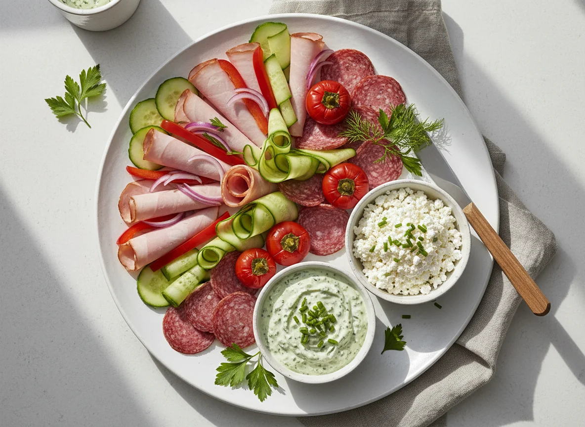 Jause mit Wurst, Gemüse und Aufstrichen photo