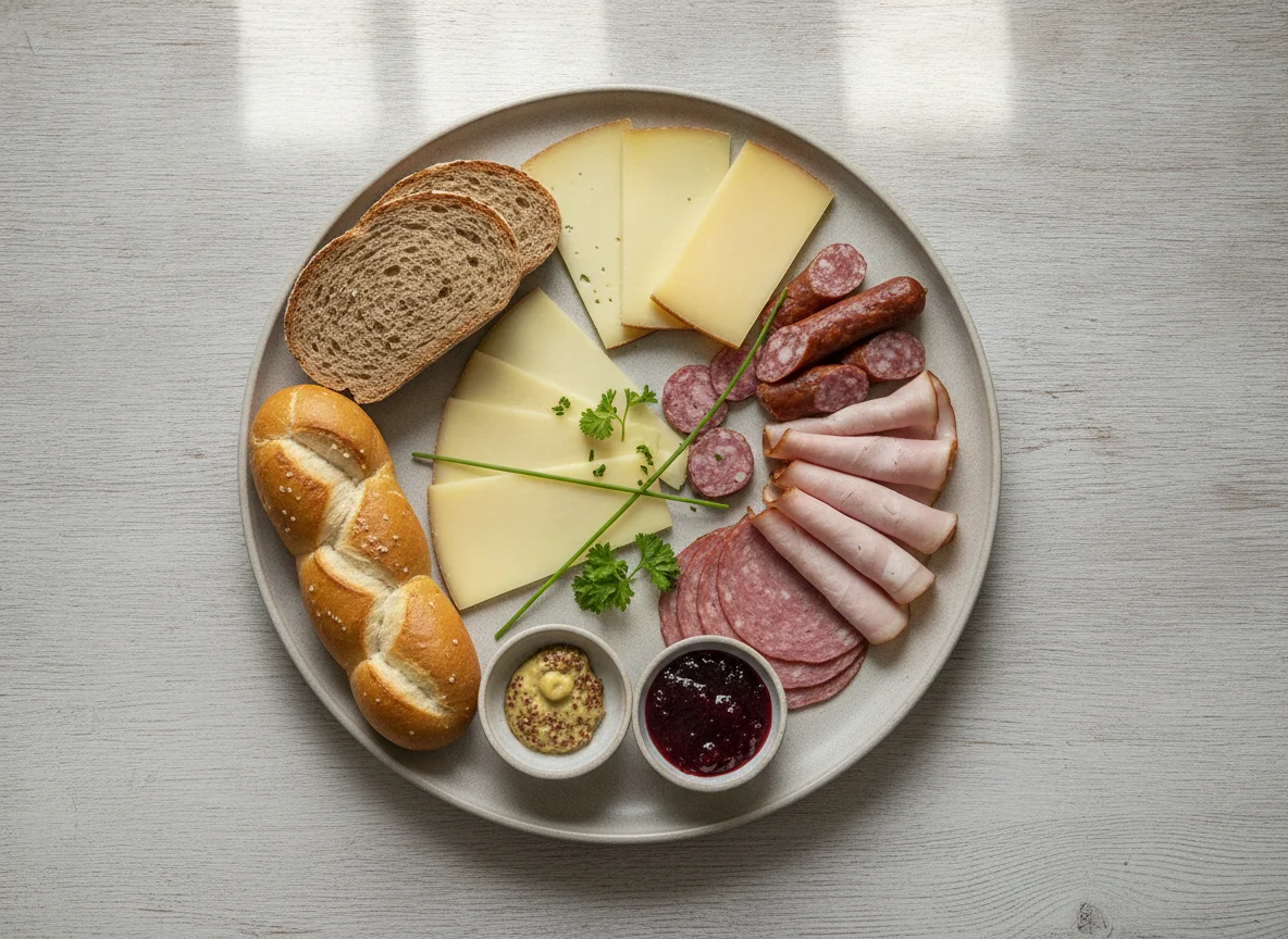 Jause mit Wurst, Käse und Brot photo