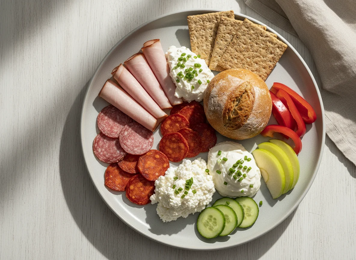 Jause mit Wurst, Käse und Gemüse photo