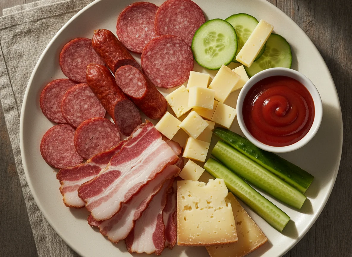 Jause mit Wurst, Speck, Käse und Gemüse photo