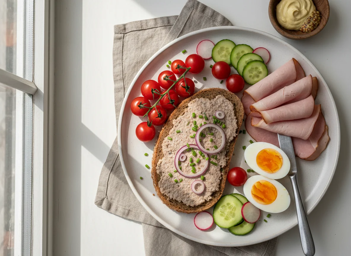 Jausenplatte mit Leberwurstbrot, Schinken, Ei und Gemüse photo