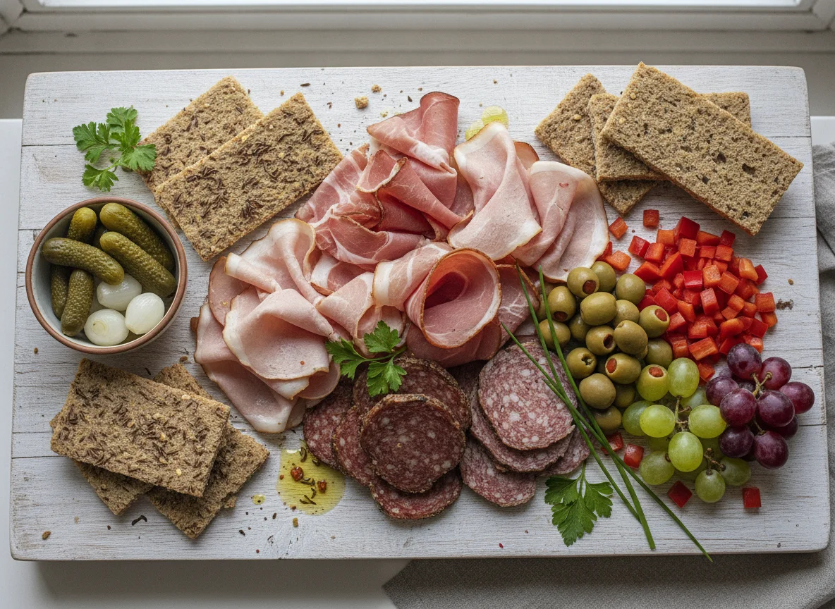 Jausenplatte mit Schinken und Knäckebrot photo