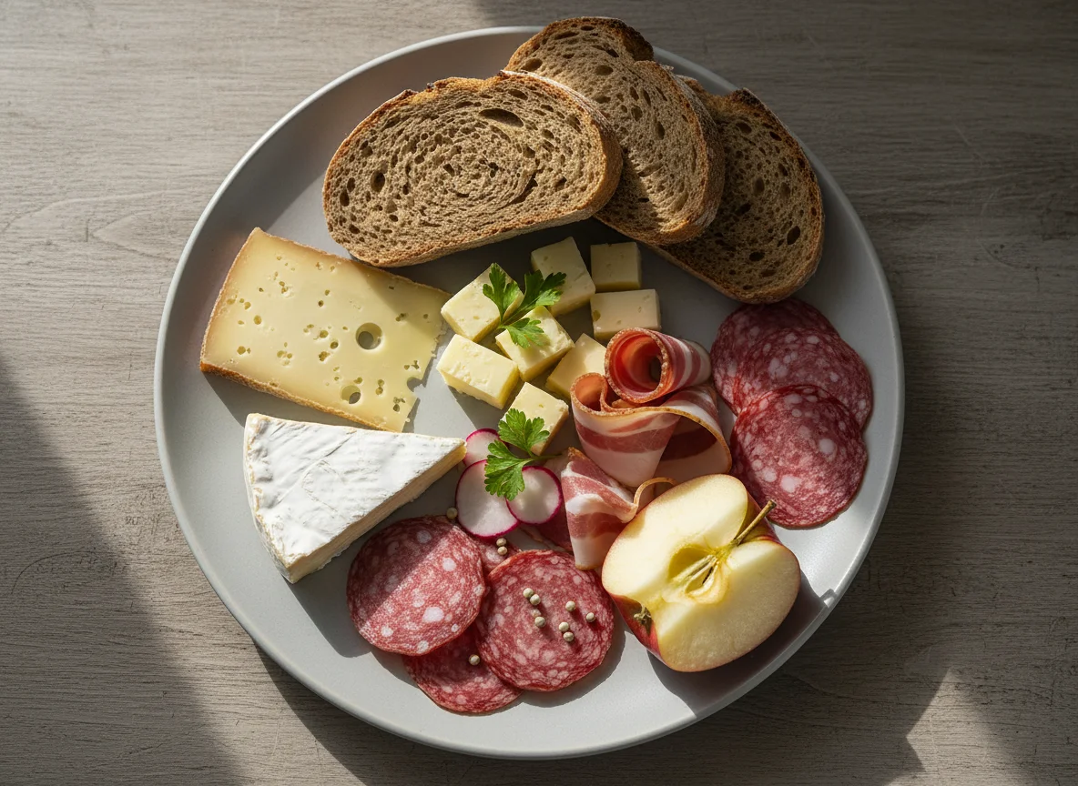 Jausenteller mit Brot, Käse, Wurst und Apfel photo