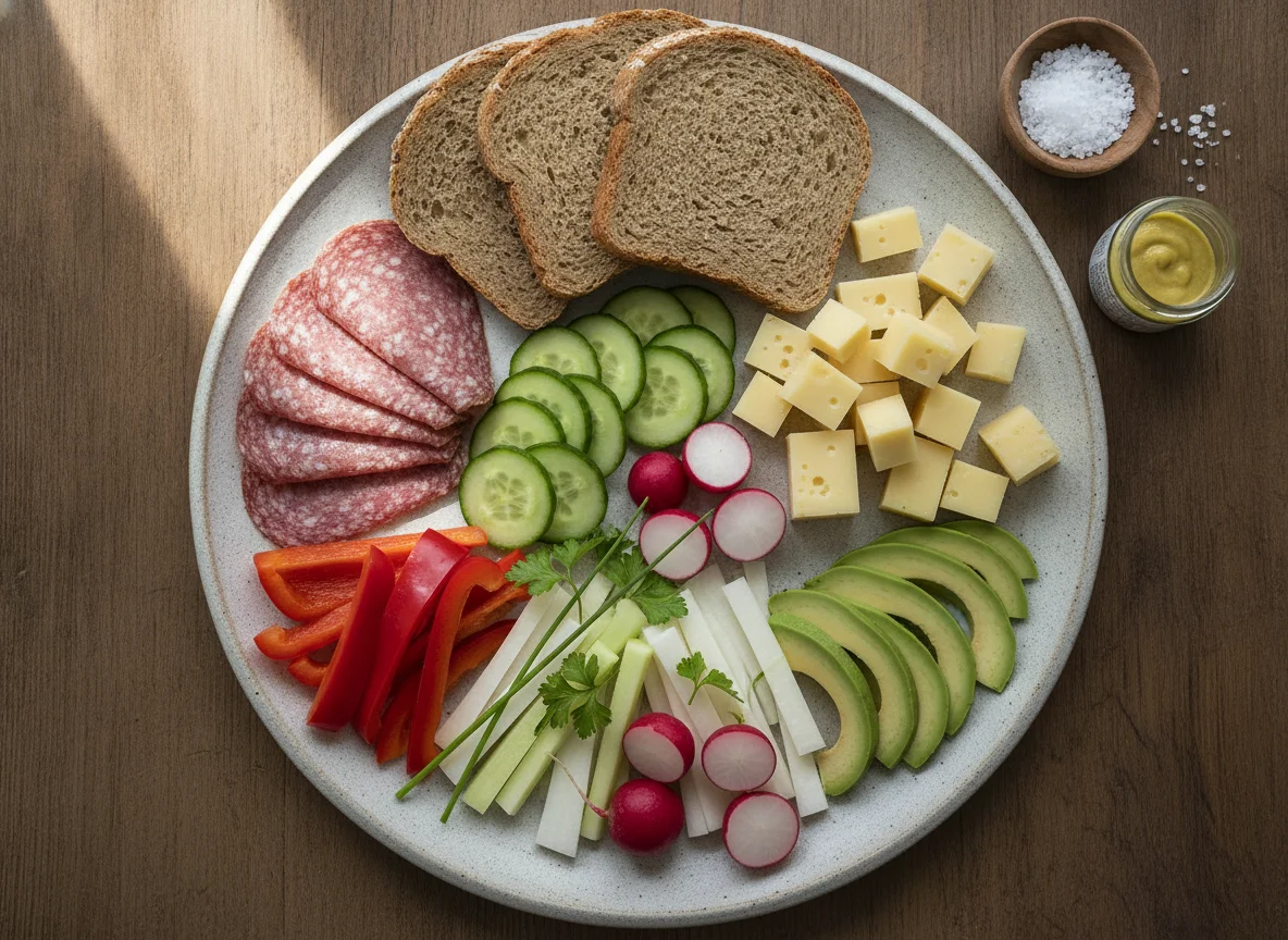 Jausenteller mit Brot, Wurst, Käse und Gemüse photo
