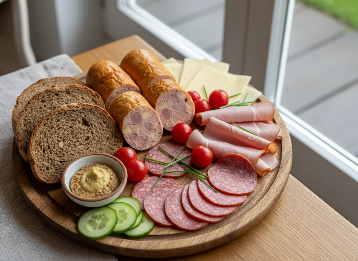 Jausenteller mit Brot, Wurst und Gemüse photo