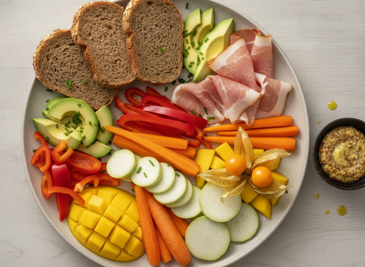 Jausenteller mit Rohschinken, Brot und Gemüse photo