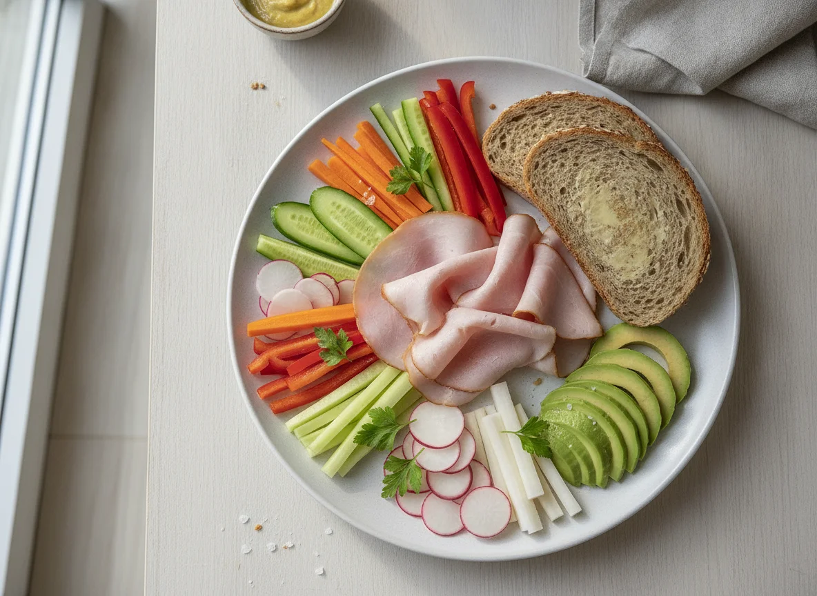 Jausenteller mit Schinken, Brot und Gemüse photo