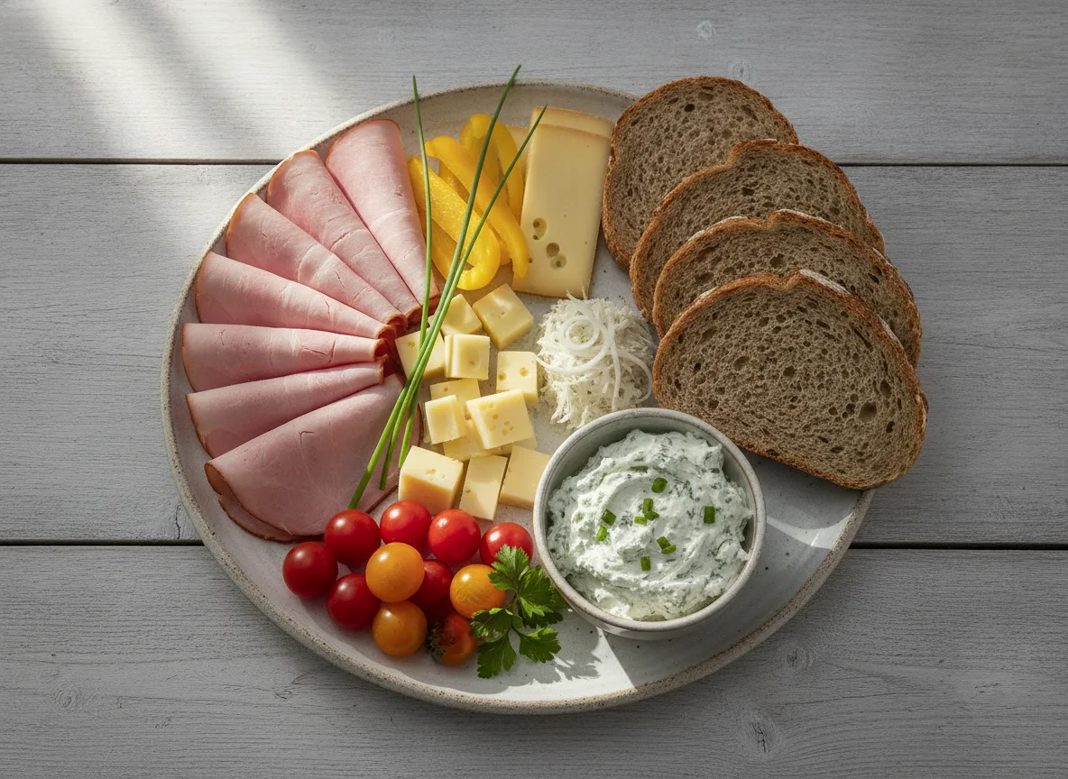 Jausenteller mit Schinken, Käse und Gemüse photo