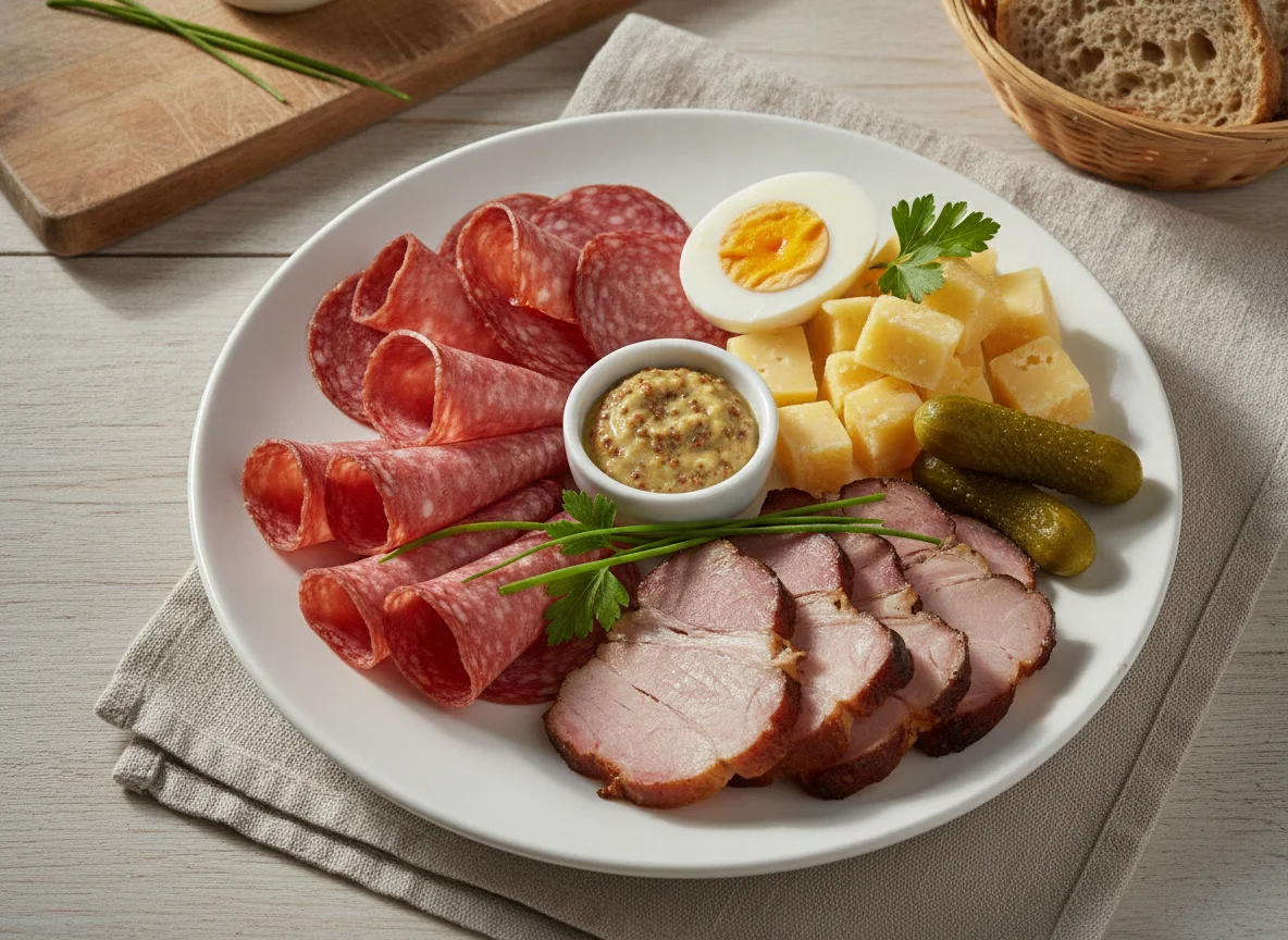 Jausenteller mit Wurst, Käse und Ei photo
