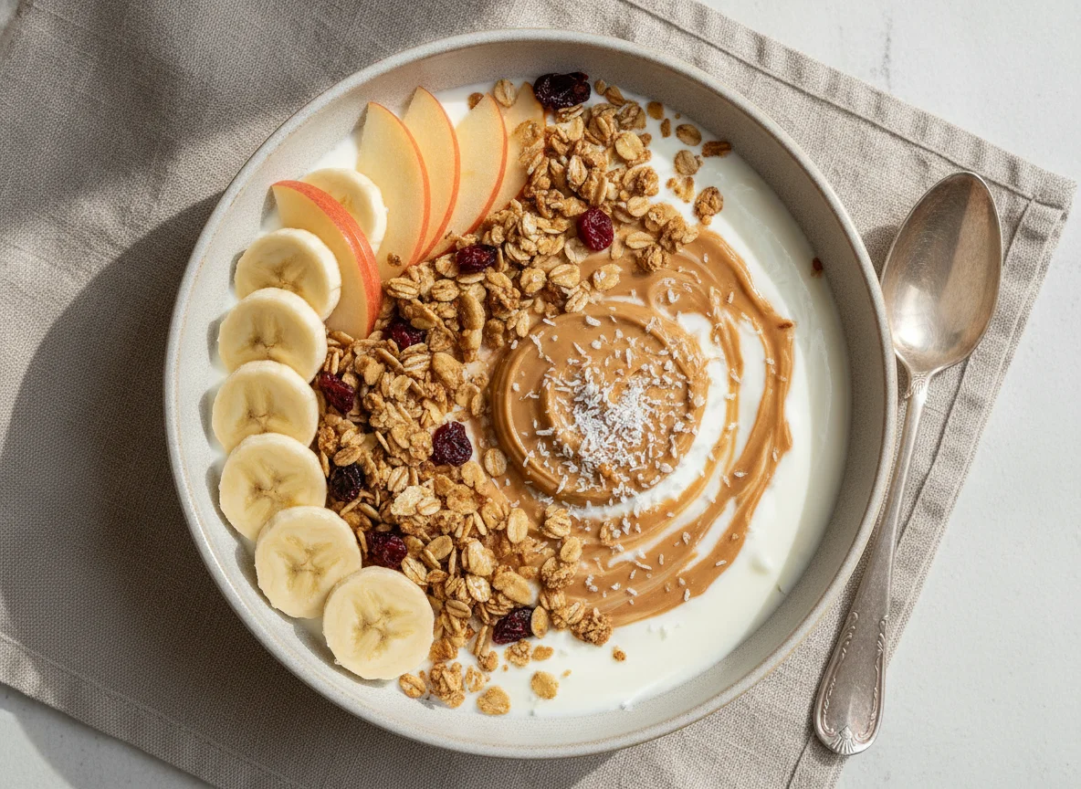 Joghurt Bowl mit Früchten, Müsli und Erdnussbutter photo