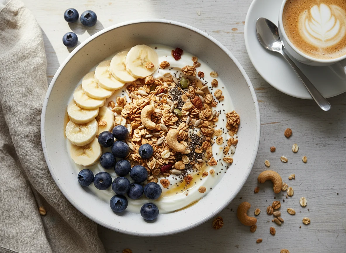 Joghurt Bowl mit Früchten und Müsli photo