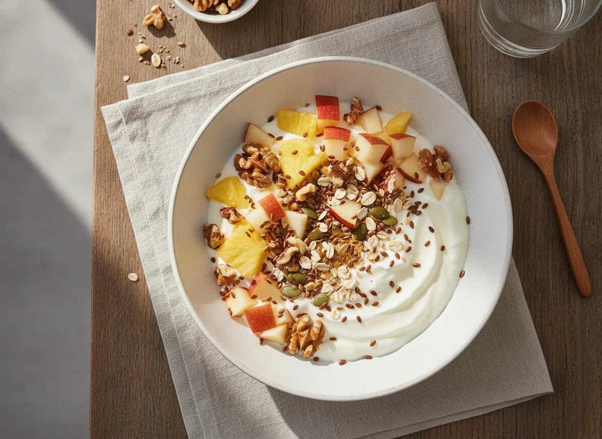 Joghurt mit Ananas, Apfel, Walnüssen, Haferflocken und Leinsamen photo