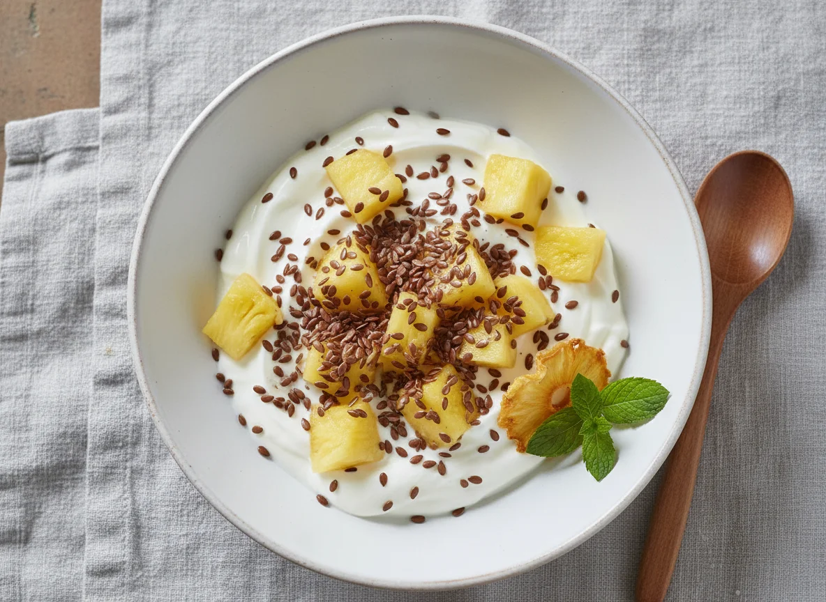 Joghurt mit Ananas und Leinsamen photo