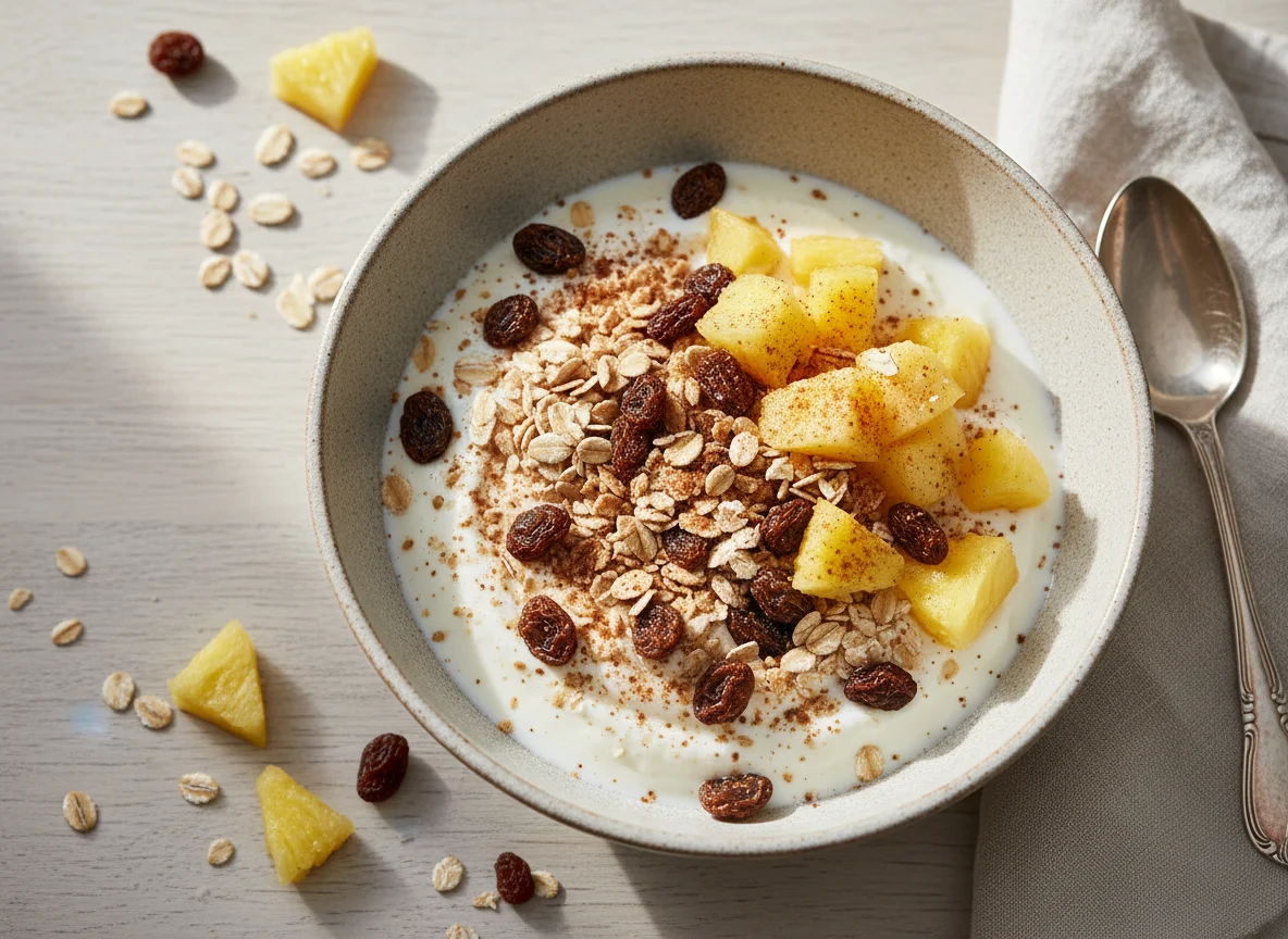Joghurt mit Ananas und Müsli photo