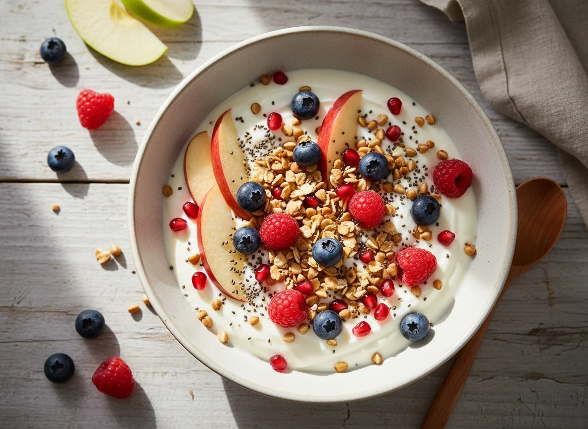 Joghurt mit Apfel, Beeren und Granatapfel photo