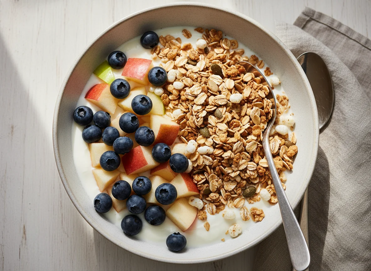 Joghurt mit Apfel, Blaubeeren und Müsli photo