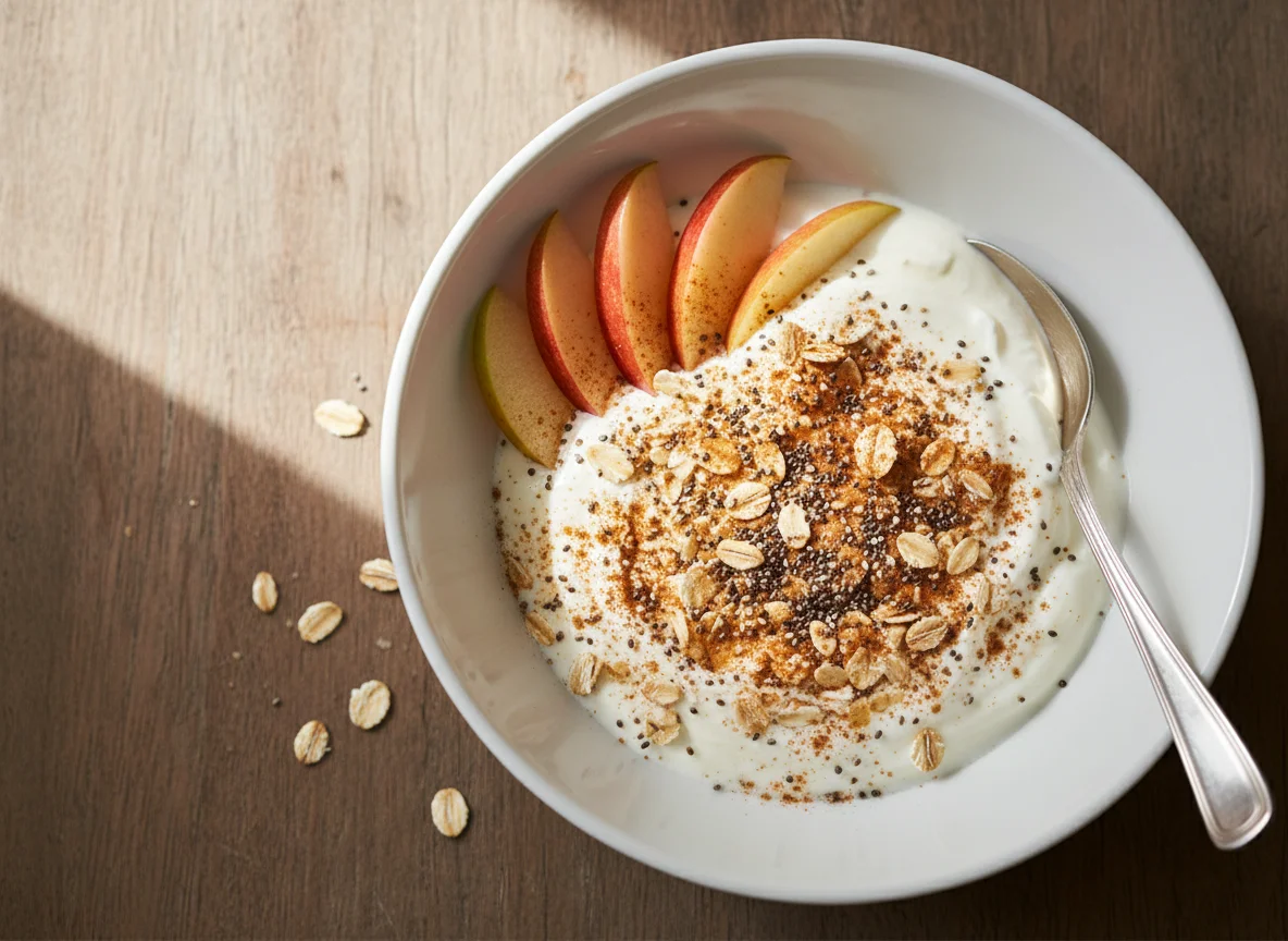 Joghurt mit Apfel, Chiasamen und Zimt photo