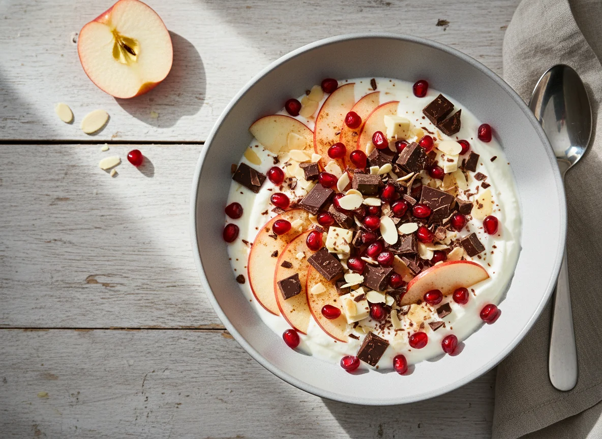 Joghurt mit Apfel, Granatapfel und Schokolade photo