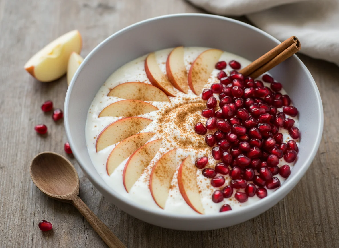 Joghurt mit Apfel, Granatapfel und Zimt photo