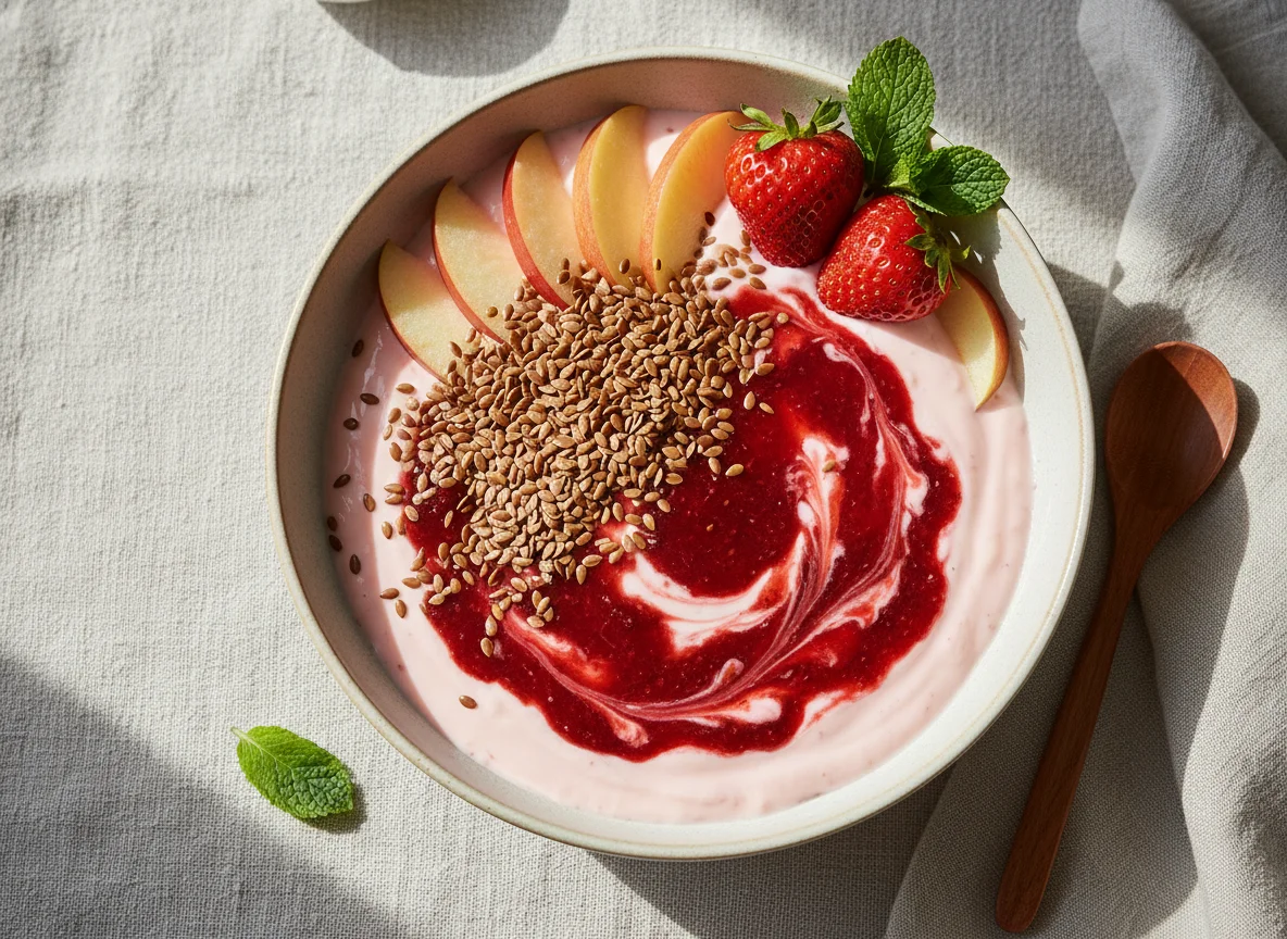 Joghurt mit Apfel, Leinsamen und Fruchtsauce photo