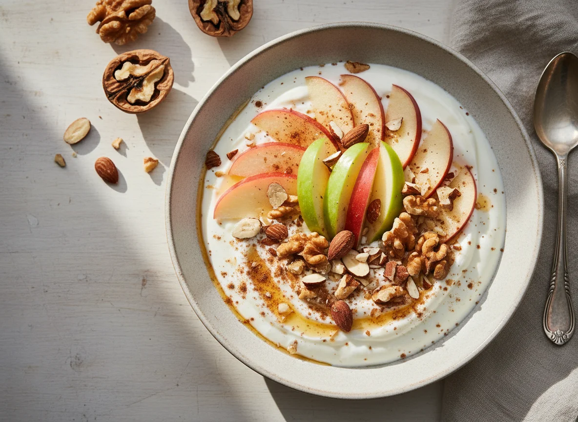 Joghurt mit Apfel, Mandeln und Walnüssen photo