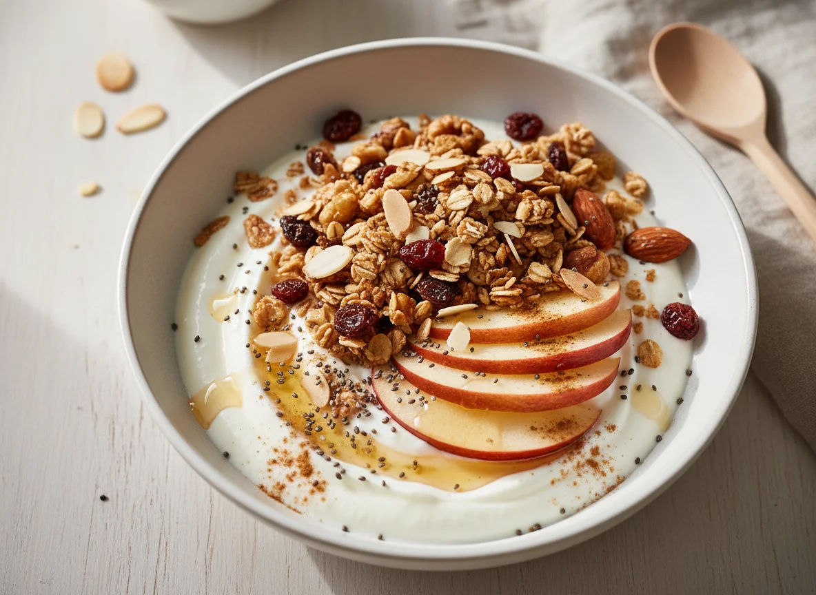 Joghurt mit Apfel, Müsli und Chiasamen photo