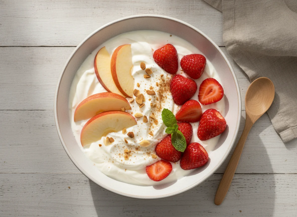 Joghurt mit Apfel und Erdbeeren photo