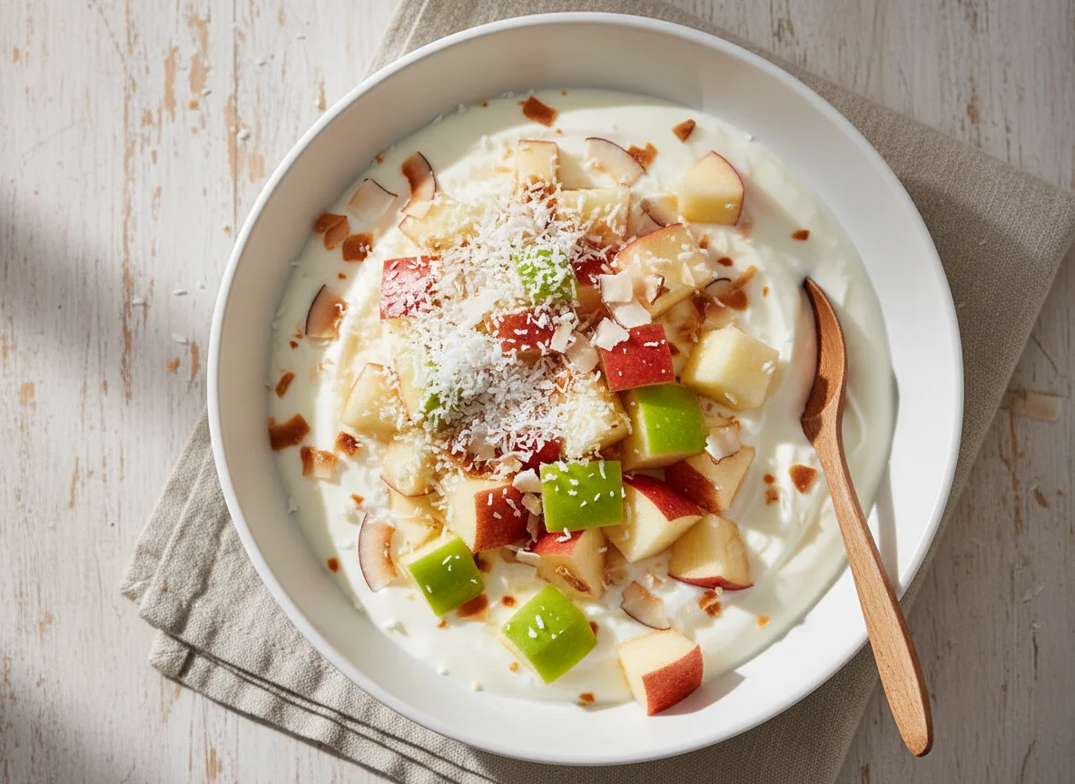 Joghurt mit Apfel und Kokosraspeln photo