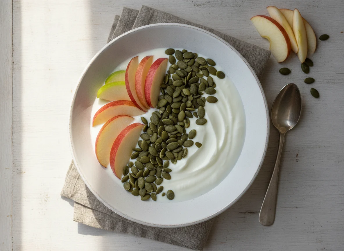 Joghurt mit Apfel und Kürbiskernen photo