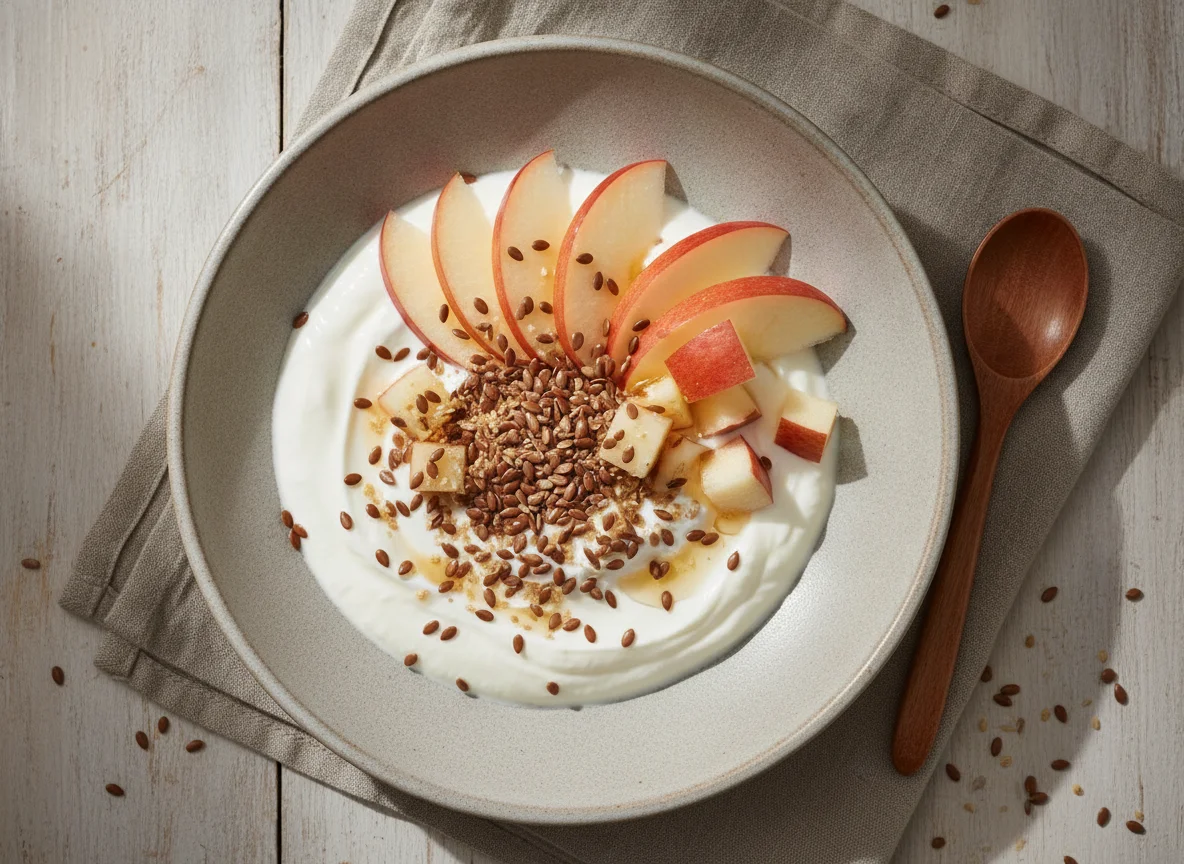 Joghurt mit Apfel und Leinsamen photo